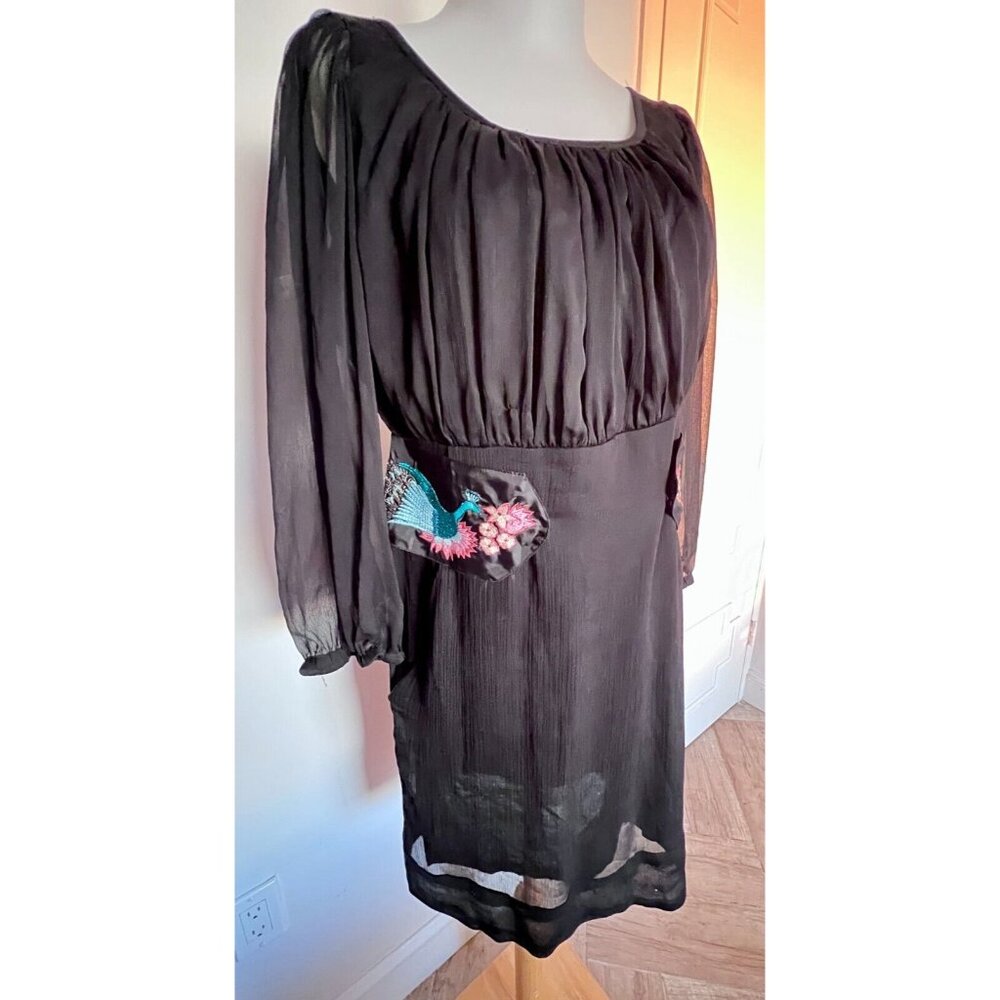 Desigual Black Dress EU 42 US L Peacock Embroidery Veil Sheer Sleeves Rochie - Picture 2 of 16